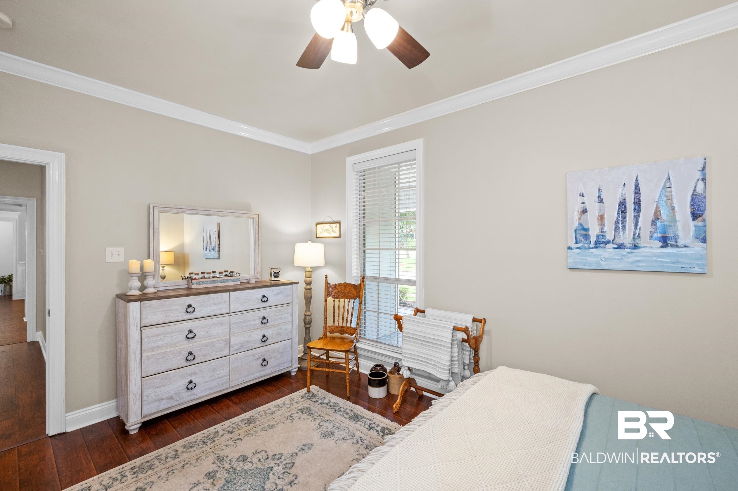29614 St George Street Daphne, AL 36526 - Photo 28 of 42 Bedroom with ceiling fan, dark hardwood / wood-style flooring, and ornamental molding