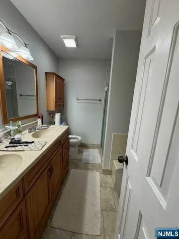 a bathroom with a double vanity sink mirror and toilet