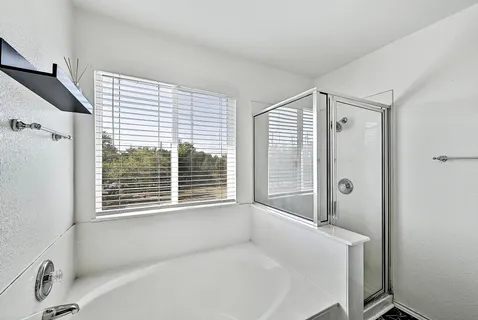 a bathroom with a bathtub and a shower
