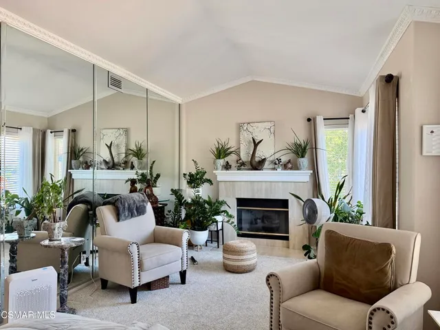 a living room with furniture a fireplace and a potted plant