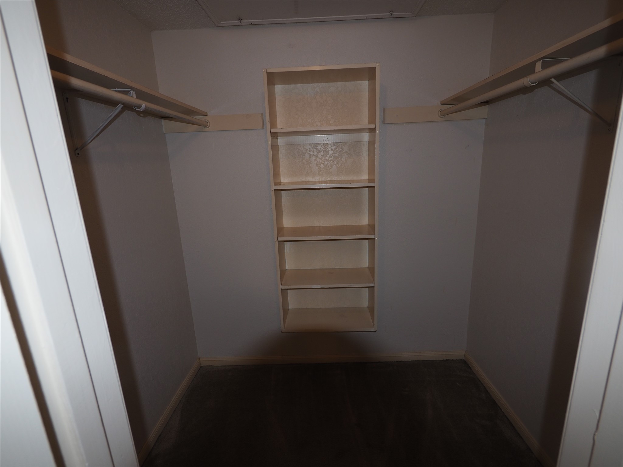 2508 Enfield Road, Unit 10 Austin, TX 78703 - Photo 16 of 17 Walk-in closet featuring built-in shelving, dual hanging rods, light-toned walls, and dark flooring