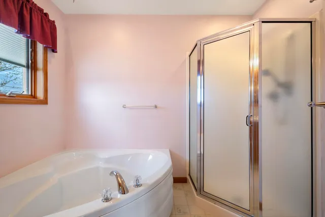 a bathroom with a bathtub and a shower
