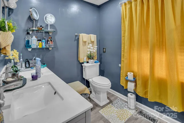 a bathroom with a sink a toilet and shower curtain
