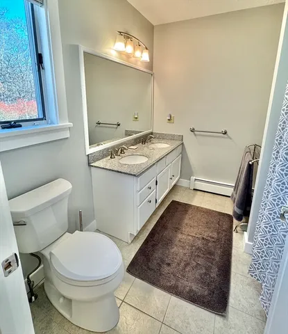 a bathroom with a sink a toilet and mirror