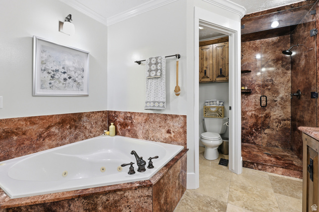 2342 Charros Road Sandy, UT 84092 - Photo 37 of 94 Bathroom featuring a corner soaking tub with bronze fixtures, a tiled surround, and a walk-in shower with a glass enclosure