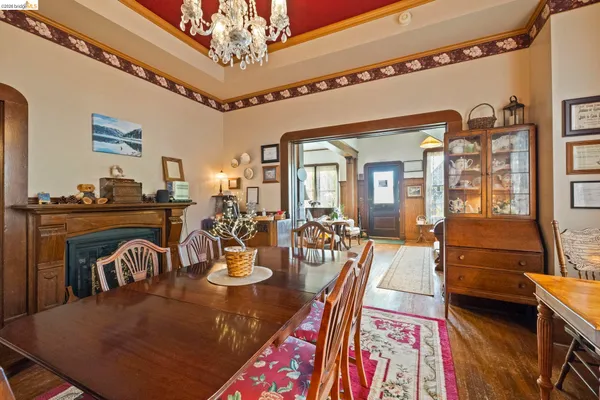 a view of a dining room with furniture