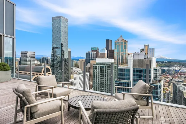 a building outdoor space with patio furniture