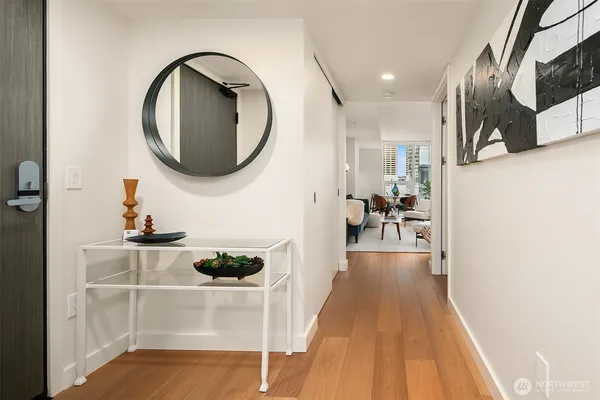 a view of a living room and bathroom