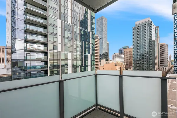 a view of a building from a balcony