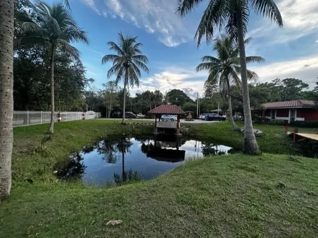 a view of a park with swings and palm trees