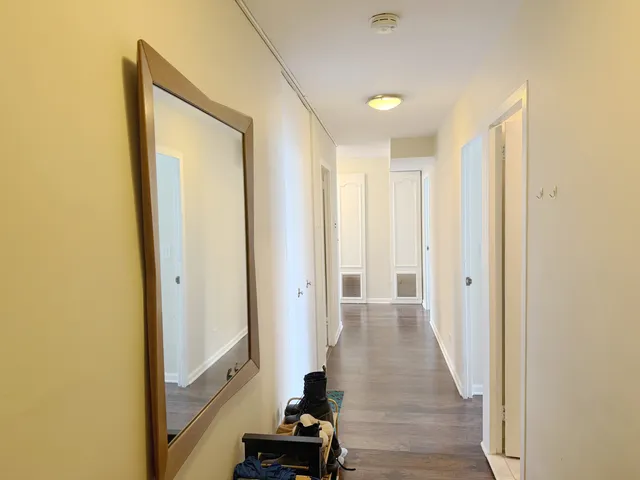 a view of a hallway with wooden floor
