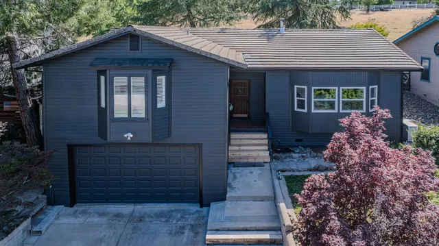 a front view of house with a garden