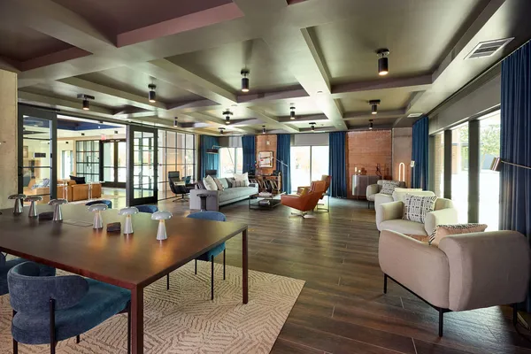 a view of a dining room with furniture