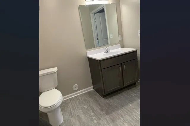 a bathroom with a sink a toilet and mirror