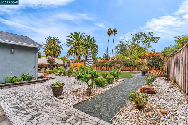 a view of a path with potted plants