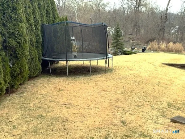 a view of a backyard with wooden fence