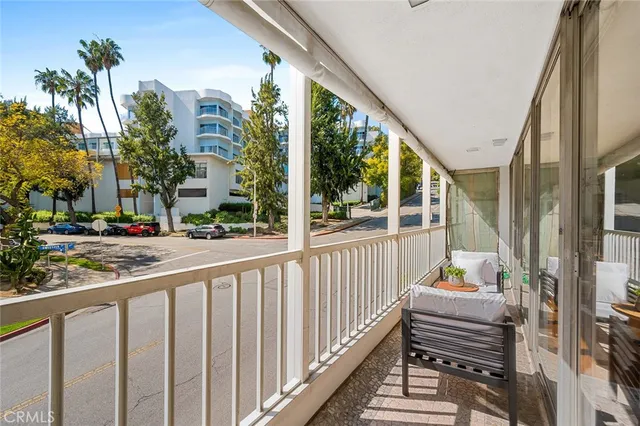 a view of a building from a balcony