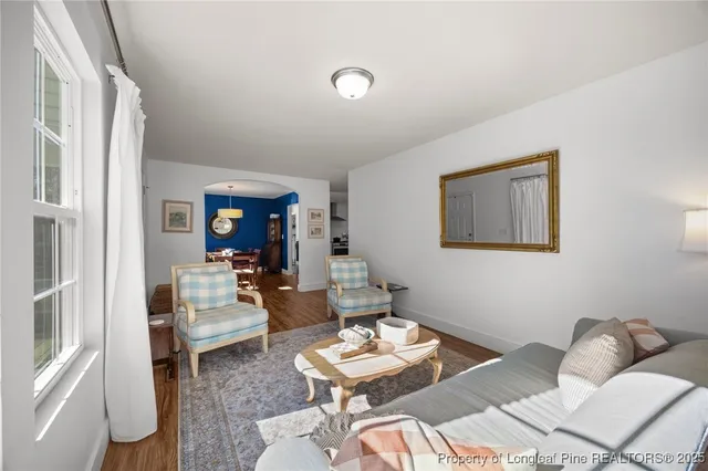 a living room with furniture and a potted plant