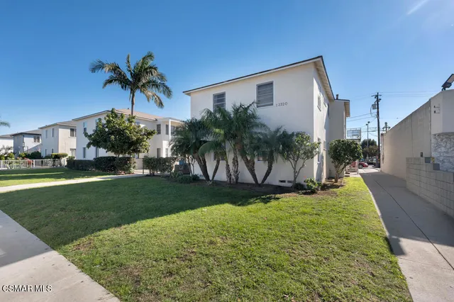 a palm tree sitting in front of a house with a big yard