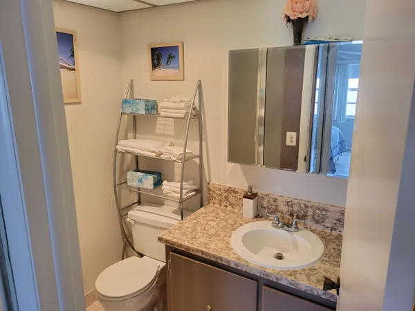 a bathroom with a granite countertop sink toilet and mirror