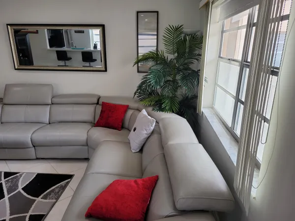 a living room with furniture and a potted plant