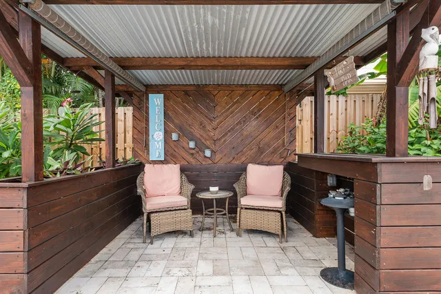 a building outdoor space with patio furniture