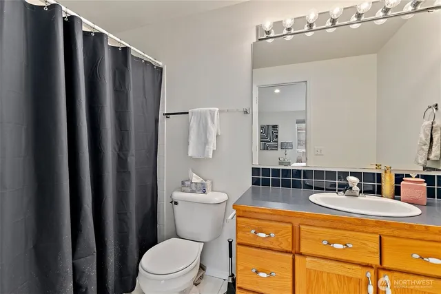 a bathroom with a sink a mirror a toilet and shower