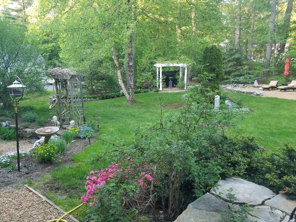 a view of a backyard with table and chairs and potted plants