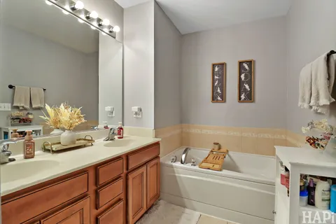 a bathroom with a sink double vanity and a mirror