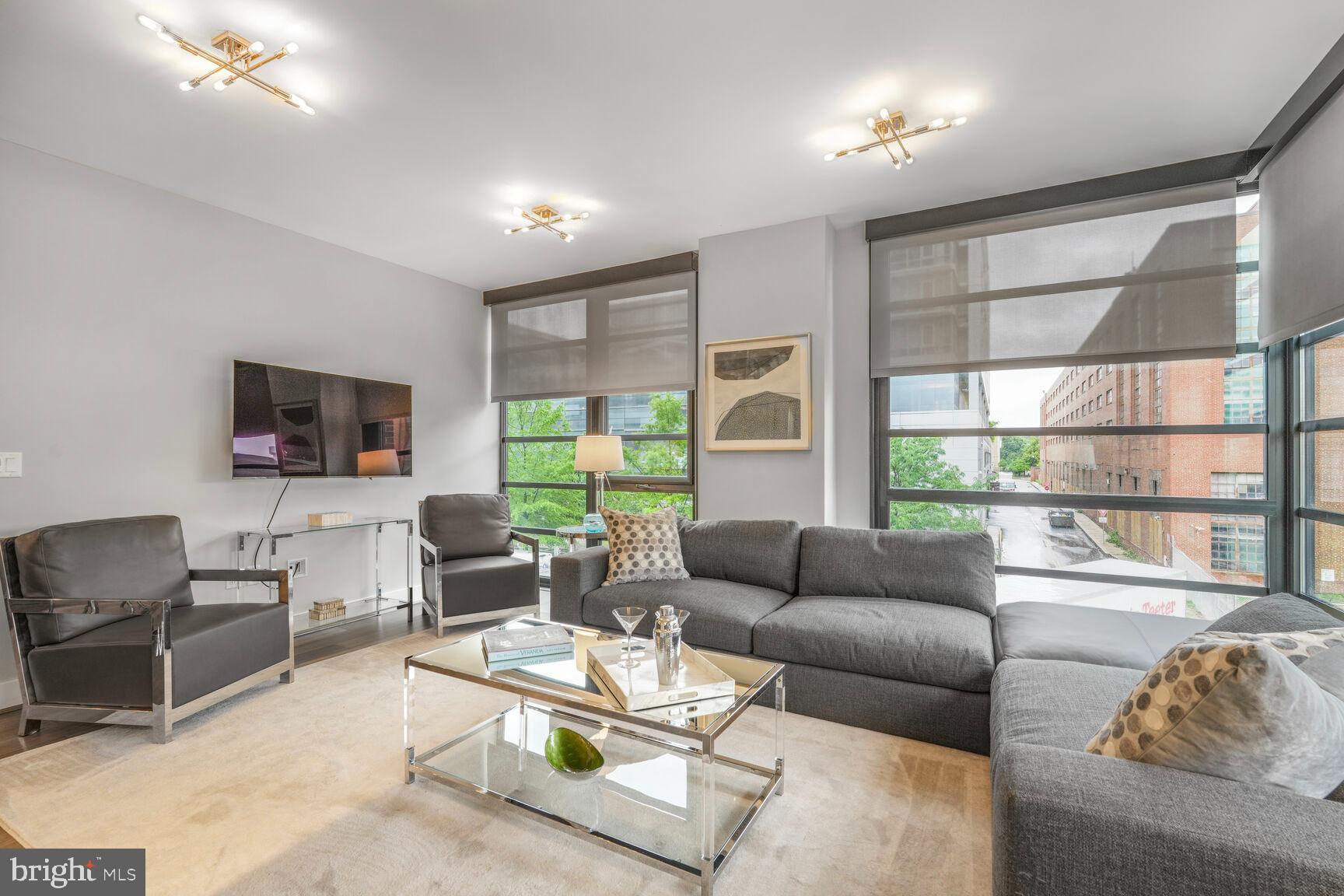 1300 4th Street Southeast, Unit 214 Washington, DC 20003 - Photo 19 of 24 a living room with furniture a flat screen tv and a large window