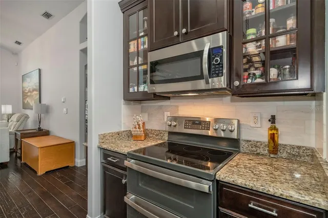 a view of a dining room with furniture