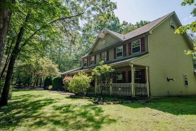 a view of a house with a yard and potted plants