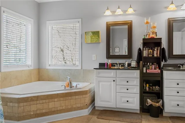 a bathroom with a bathtub sink and mirror