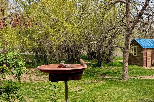 a view of a backyard with table and chairs