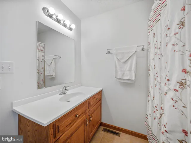 a bathroom with a sink mirror and a shower