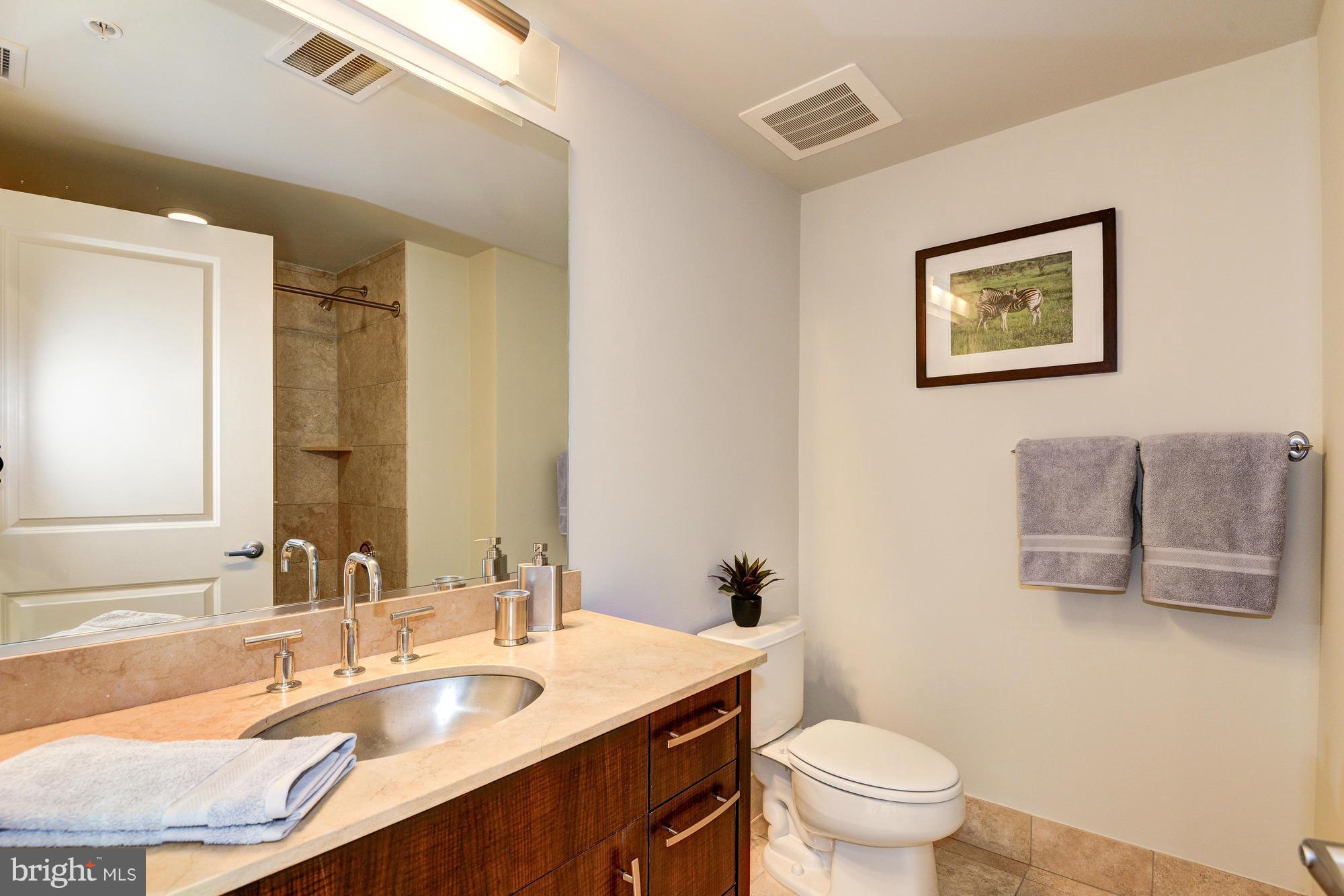 2301 Champlain Street Northwest, Unit 208 Washington, DC 20009 - Photo 23 of 30 a bathroom with a granite countertop toilet a sink and a mirror