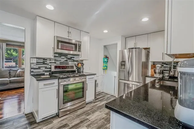 a kitchen with stainless steel appliances granite countertop a stove a refrigerator and a sink