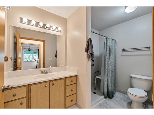 a bathroom with a sink a toilet and a mirror
