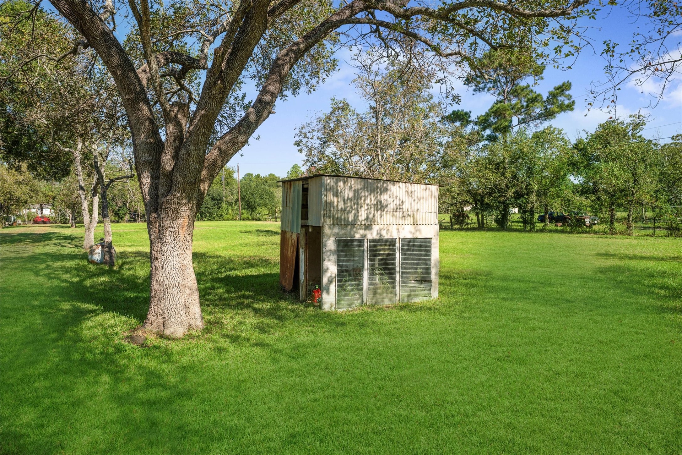 18111 Roy Long Road Pearland, TX 77584 - Photo 31 of 36 A rustic outbuilding rests beneath the trees — ideal for storage, hobbies, or transforming into a cozy garden shed.