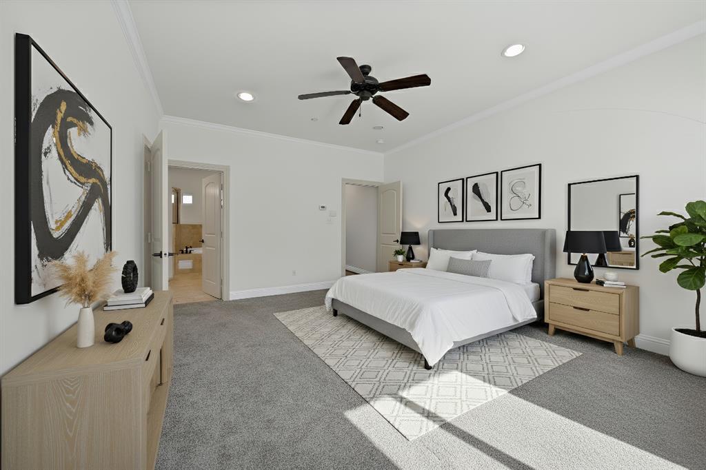 5747 Prospect Avenue, Unit B Dallas, TX 75206 - Photo 29 of 40 a bedroom with a large bed and a chandelier