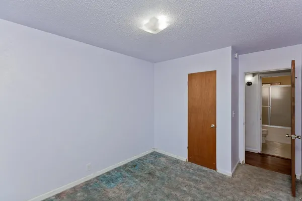 an empty room with closet and wooden door