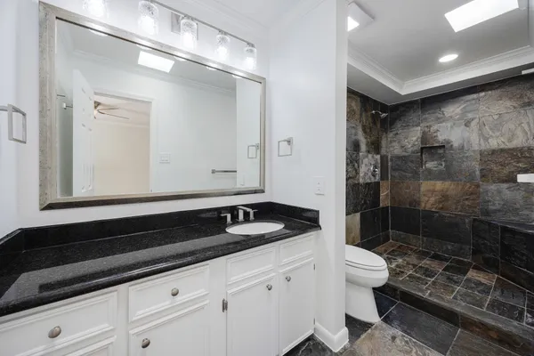 a bathroom with a granite countertop sink a toilet a mirror and shower