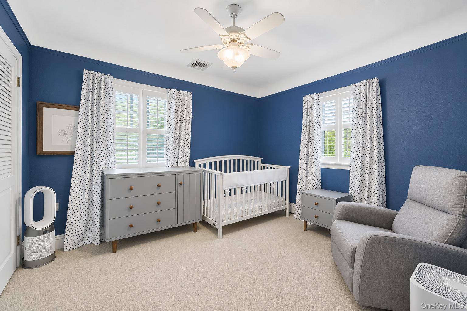 60 Croyden Road Mineola, NY 11501 - Photo 20 of 33 Bedroom featuring carpeted flooring and walls with a blue finish