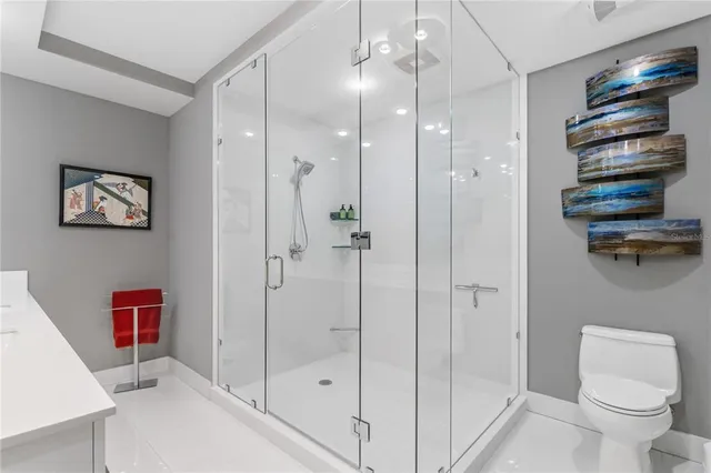 a bathroom with a shower and toilet