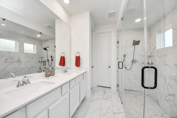 a bathroom with a double vanity sink mirror and shower