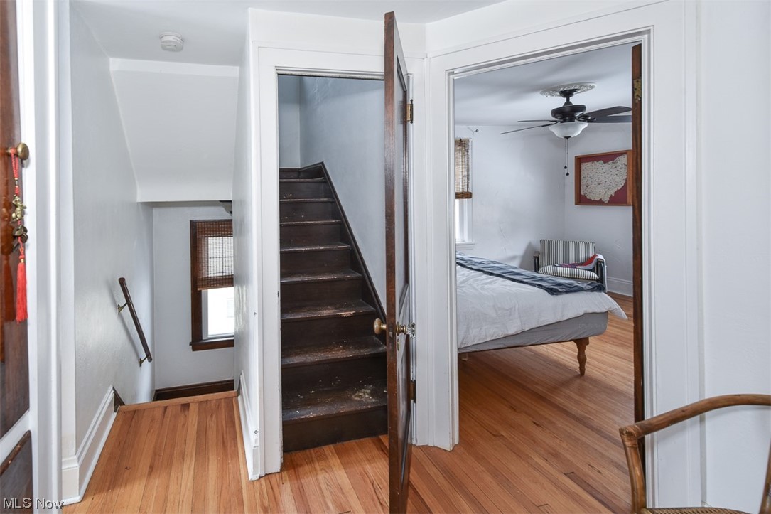 925 Beverly Road Cleveland Heights, OH 44121 - Photo 19 of 25 Staircase with light hardwood / wood-style floors and ceiling fan