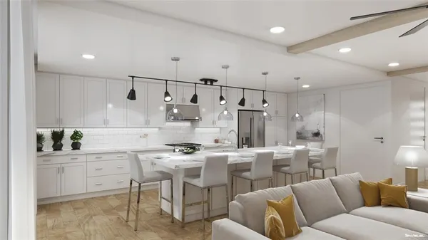 a kitchen with stainless steel appliances kitchen island granite countertop a sink and cabinets