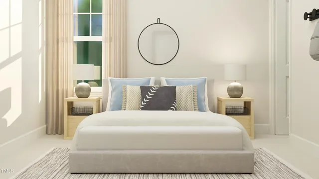 a bedroom with a bed mirror and window