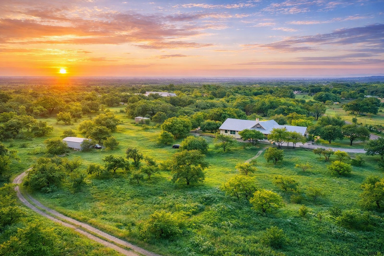 Aerial view at dusk of a view of countryside