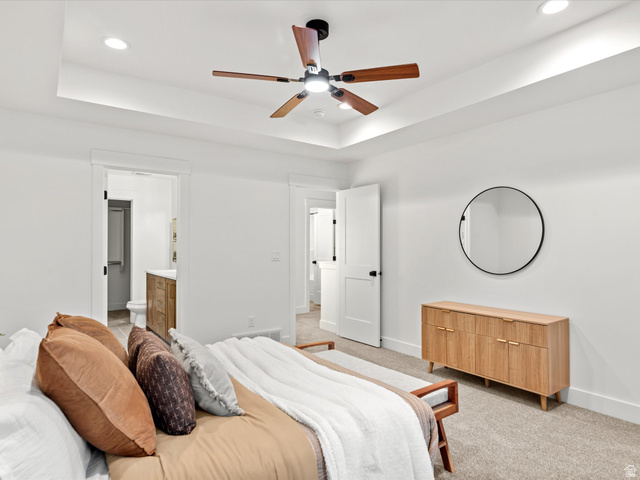 1267 West 2350 South Perry, UT 84302 - Photo 26 of 35 Recessed ceiling with an overhead fan featuring wood-finish blades and a central light fixture
